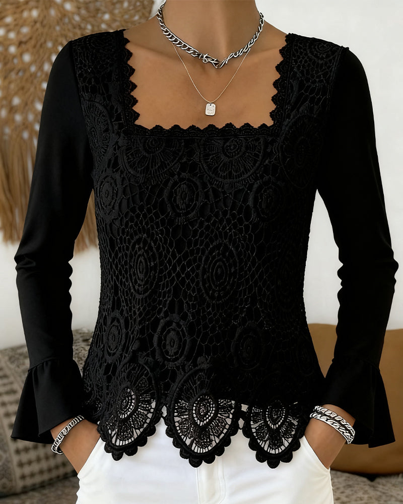 Blouse Crochetée À Encolure Large Et Détails Patchwork