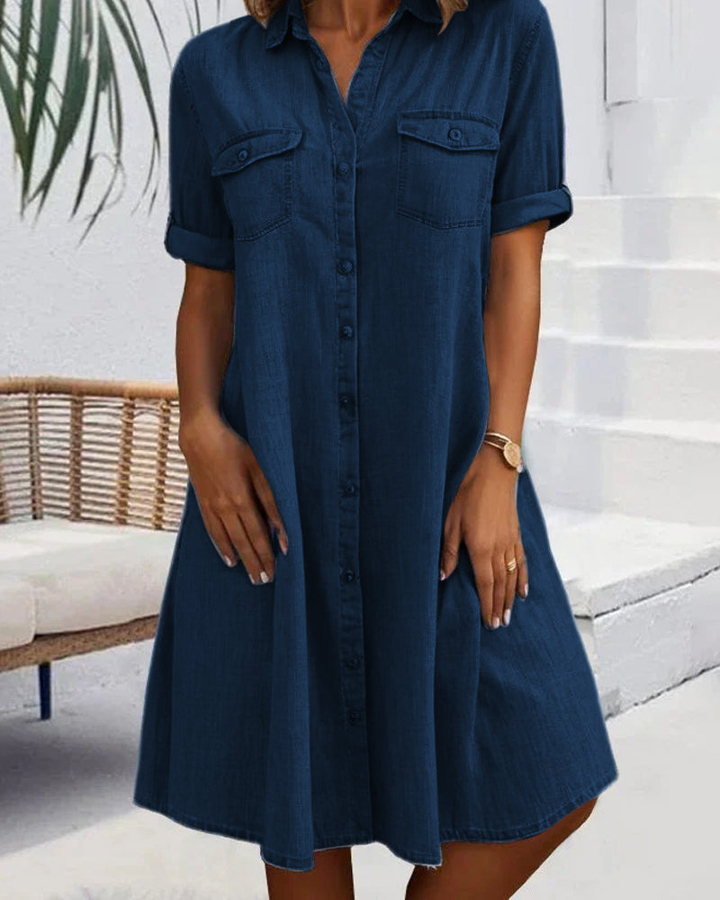 Robe Manches Courtes Col Solide Bouton