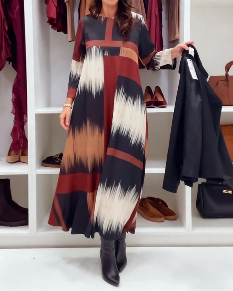 Robe Tendance Imprimée À Col Rond Et Manches Longues