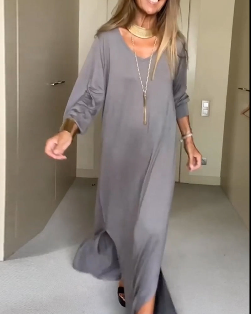 Robe décontractée à col en V de couleur unie