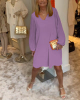 Robe col en V à manches lanternes de couleur unie