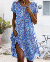Robe Col Rond Manches Courtes Imprimé Fleuri