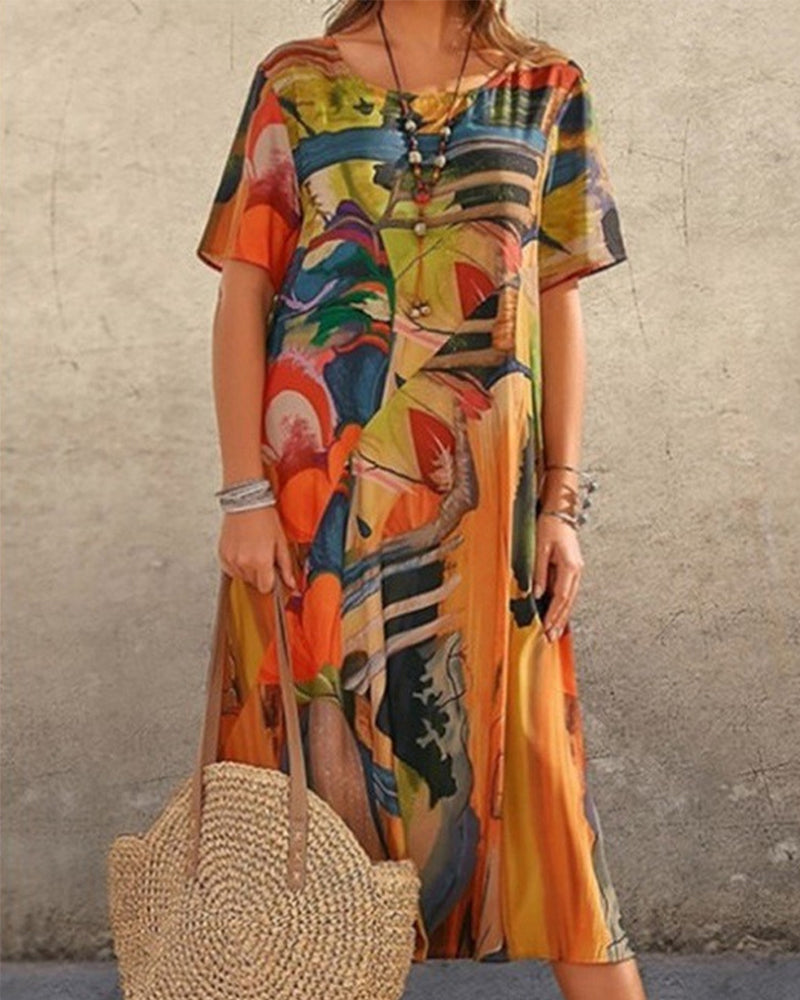 Robe droite à col rond et imprimé géométrique