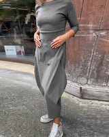Robe élégante simple à manches longues avec poche de couleur unie