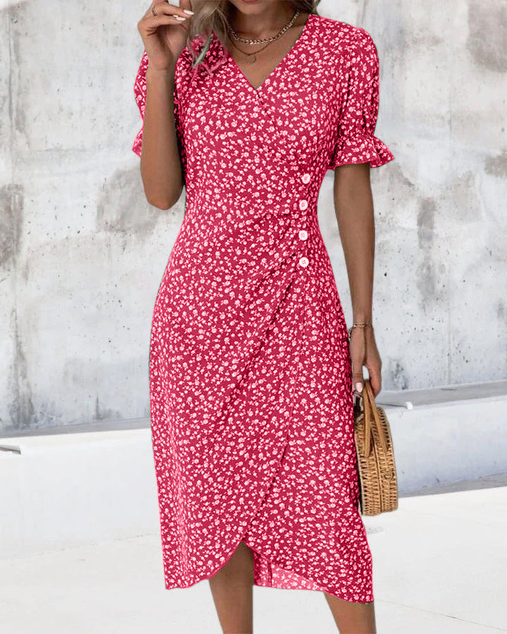Robe à imprimé floral avec manches courtes et bouton