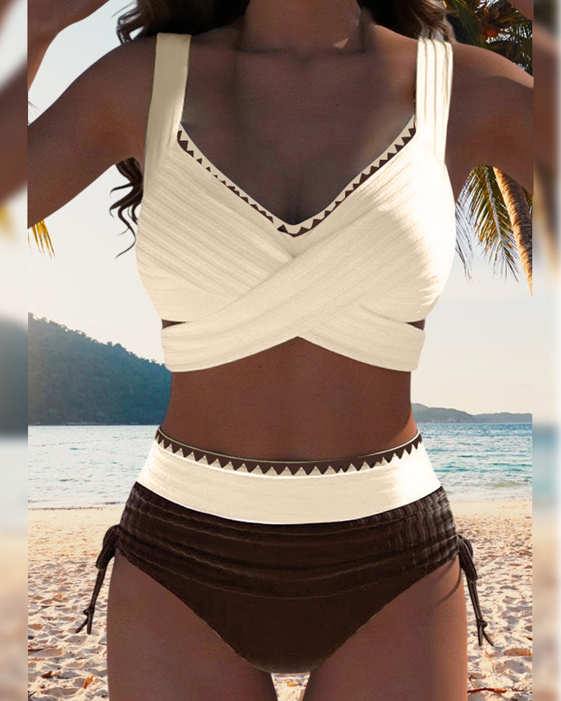 Bikini Casual Couleur Contrastée Couture Deux Pièces