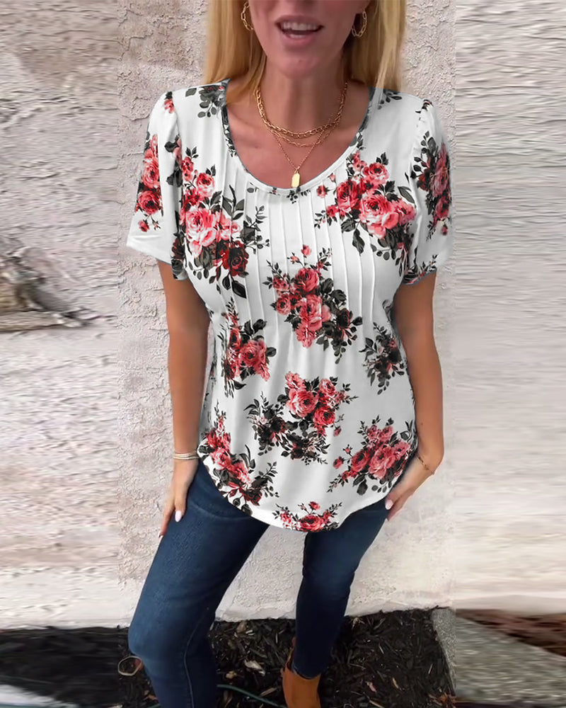 T-Shirt À Col Rond Imprimé Floral Plissé
