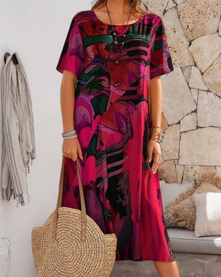 Robe droite à col rond et imprimé géométrique