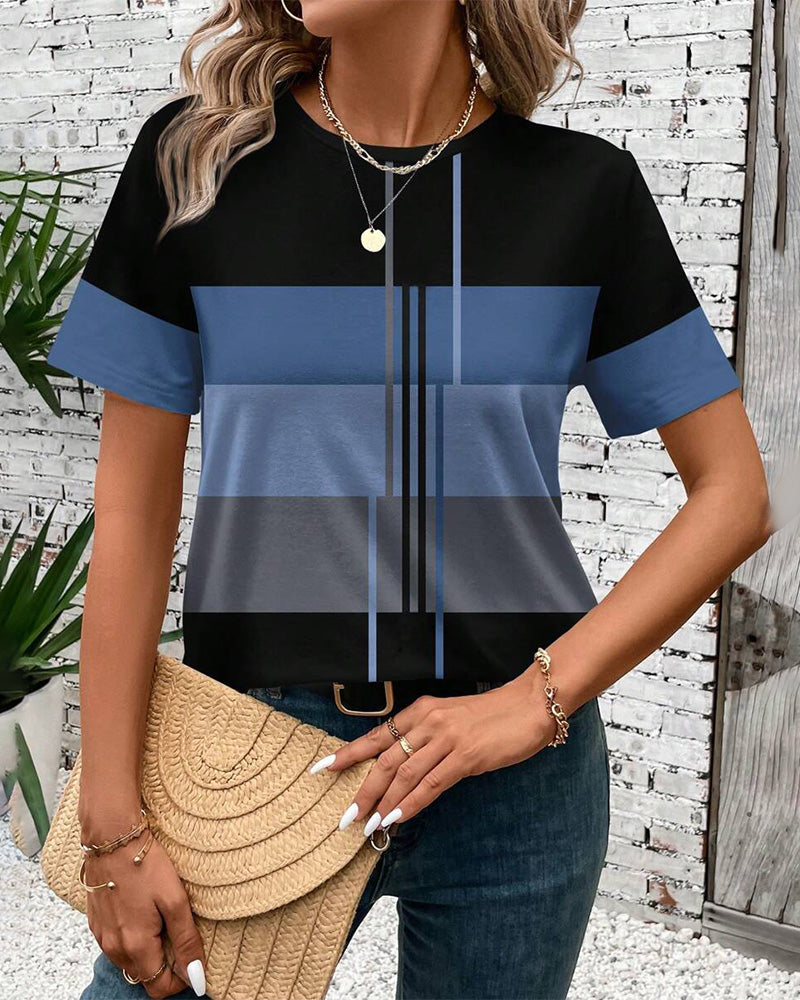 T-Shirt Col Rond Imprimé Géométrique Manches Courtes