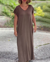 Robe longue de couleur unie avec poche et manche courte