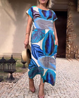 Robe fendue à manches courtes et imprimé feuilles
