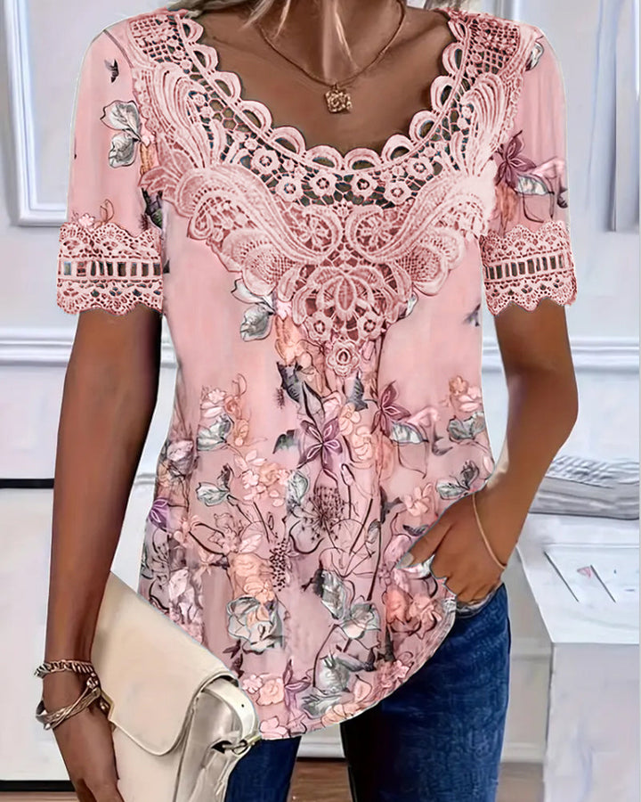 T-Shirt À Imprimé Fleuri Mode Manche Courte