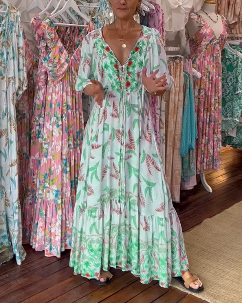 Robe longue femme col V imprimé feuilles
