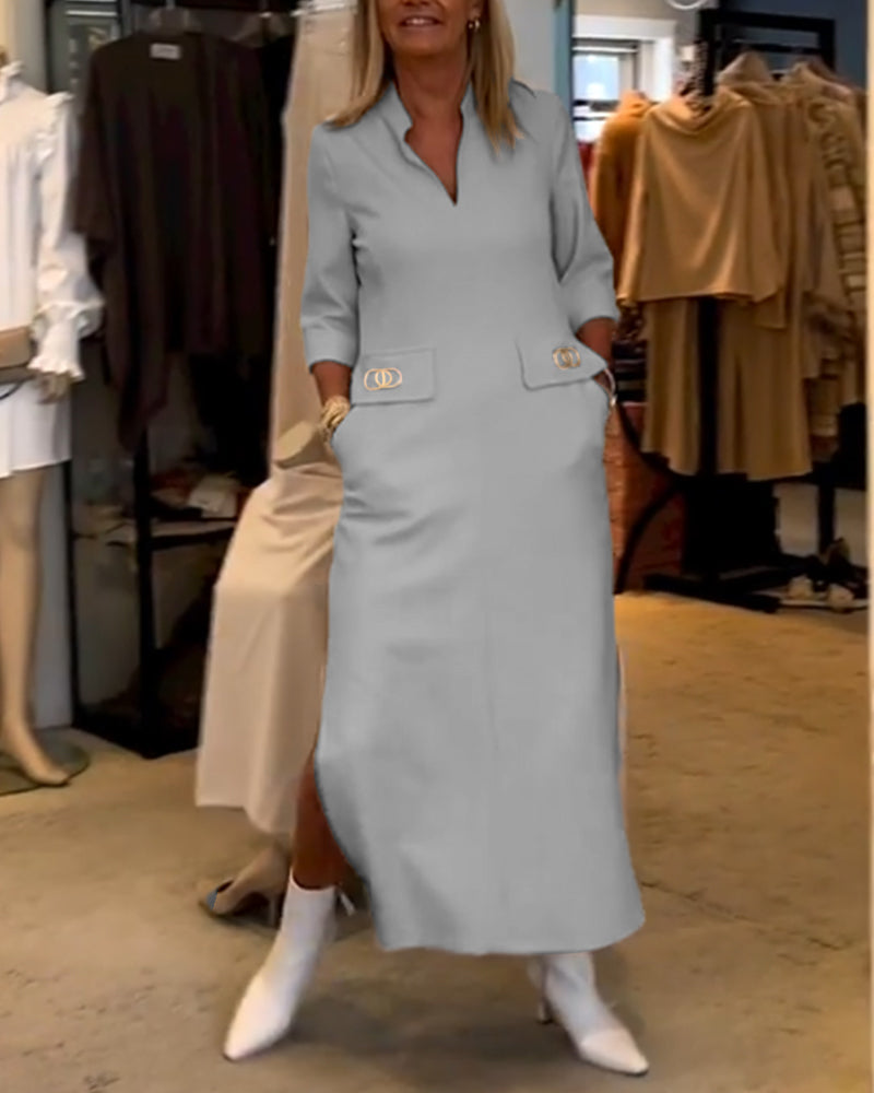 Robe fendue à manches 3/4 de couleur unie