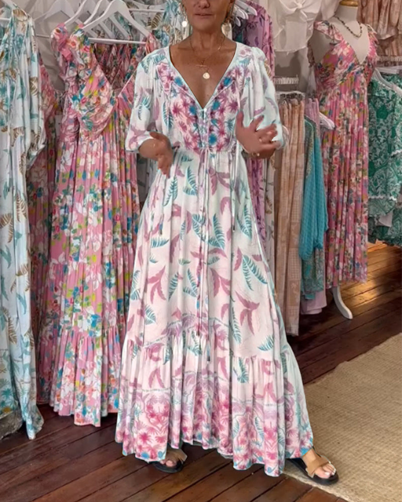 Robe longue femme col V imprimé feuilles