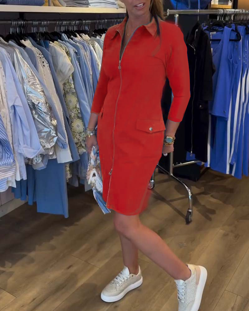 Robe Col Unie Fermeture Éclair Manches Longues