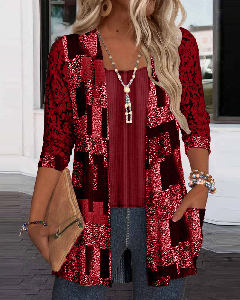 Bluse Manches Longues Imprimée Style Deux-Pièces Factice