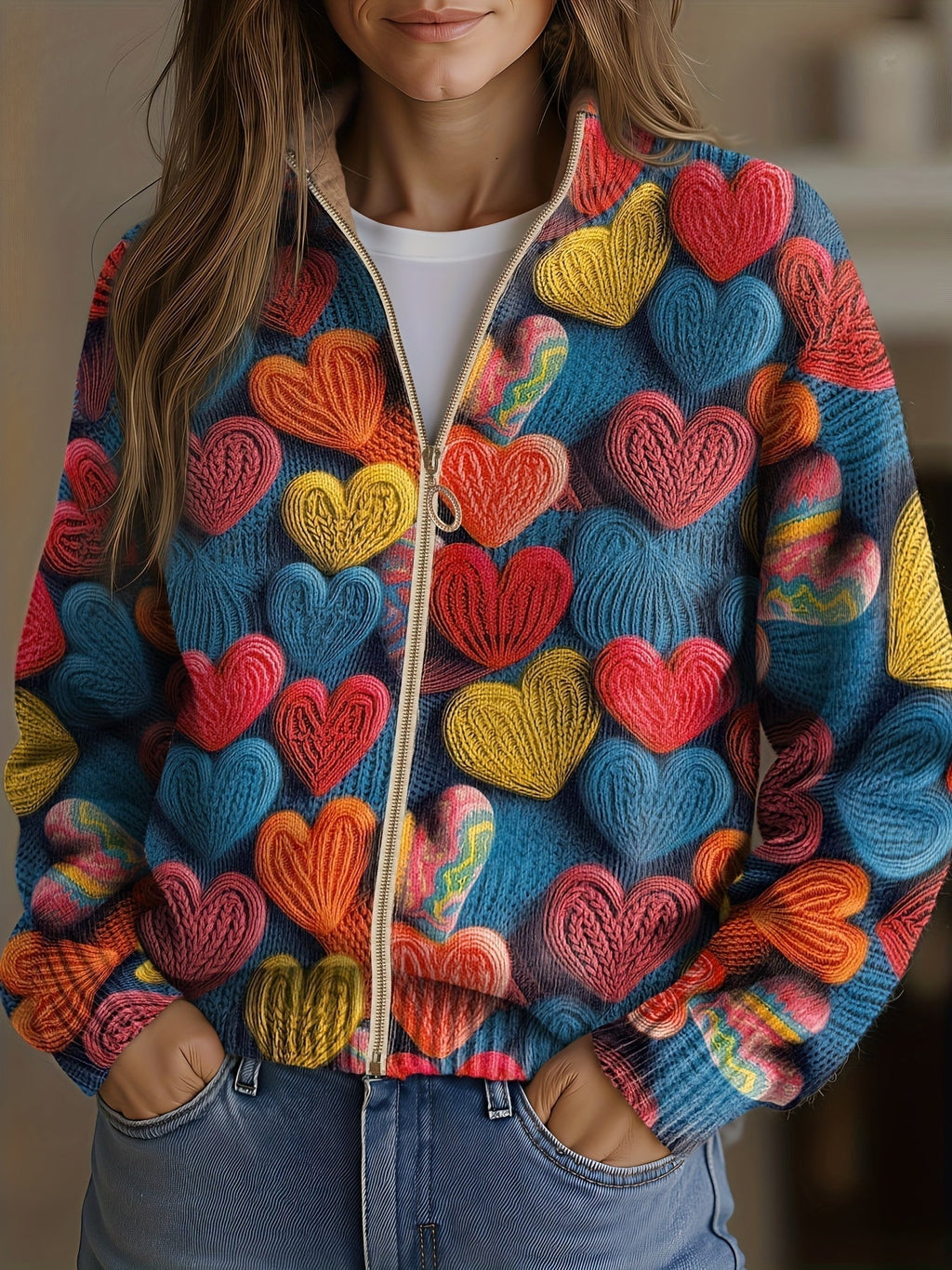 Madeleine - Cardigan zippé à cœurs multicolores