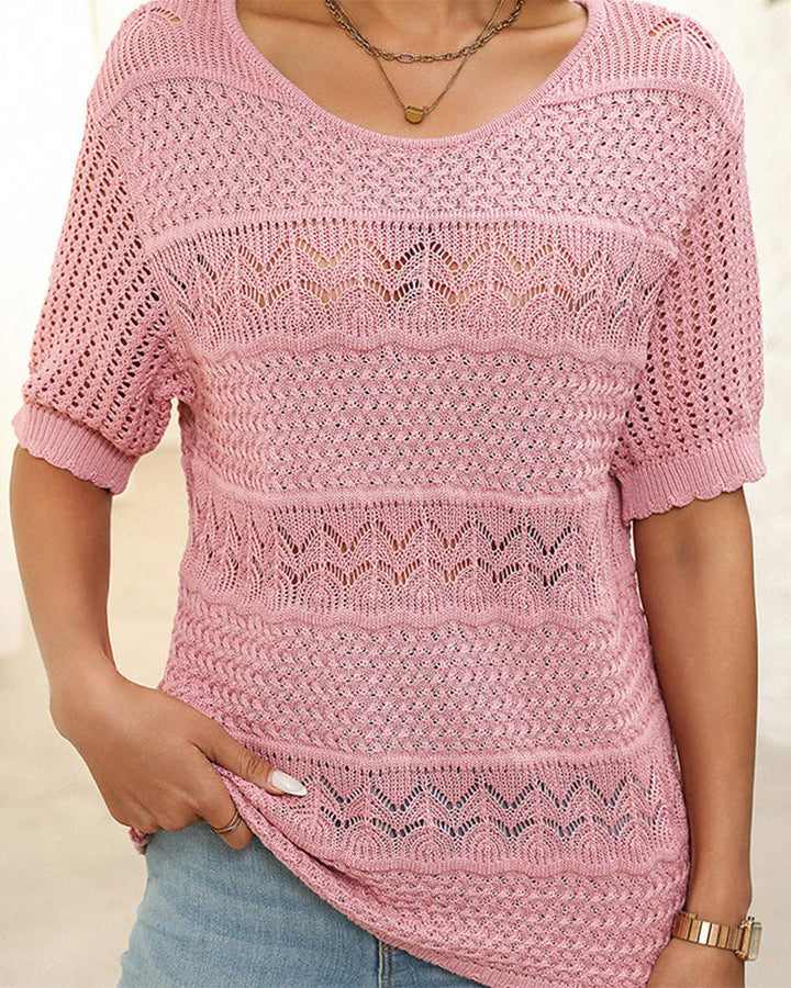 Pull À Manches Courtes En Maille Crochetée Ajourée Et Col Rond Pour Femmes