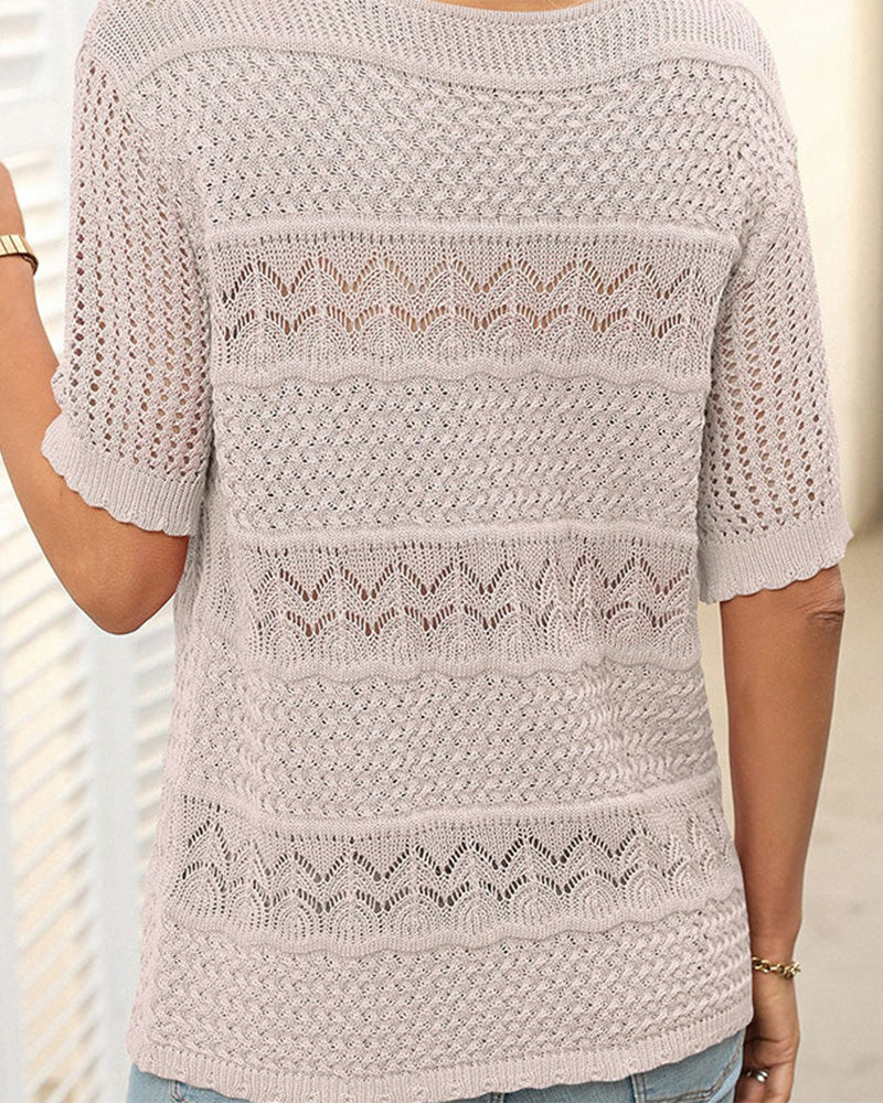 Pull À Manches Courtes En Maille Crochetée Ajourée Et Col Rond Pour Femmes