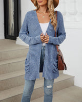 Cardigan décontracté à manches longues et poches de couleur unie
