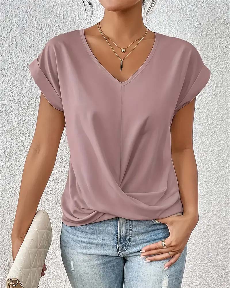 T-shirt Col V Uni Élégant à Manches Courtes