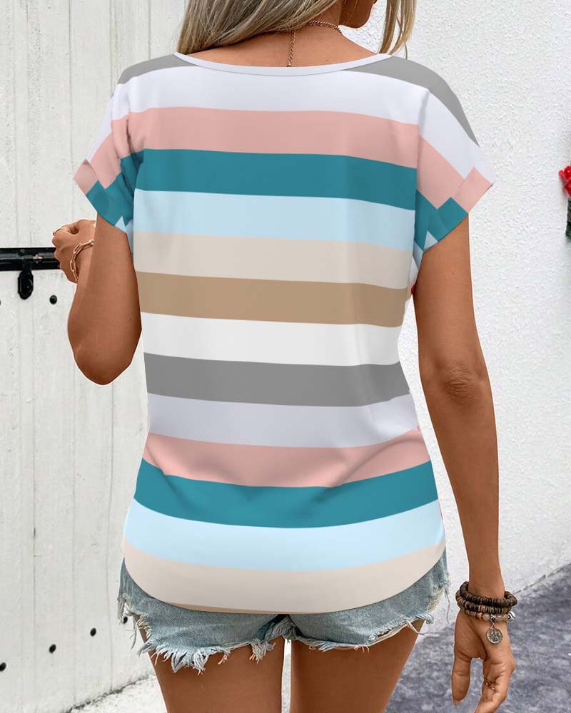 T-Shirt Col Rond Rayé À Carreaux