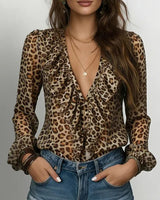 Blouse À Volants Col En V Imprimé Léopard
