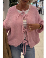 Cardigan décontracté à manches longues et lacets de couleur unie