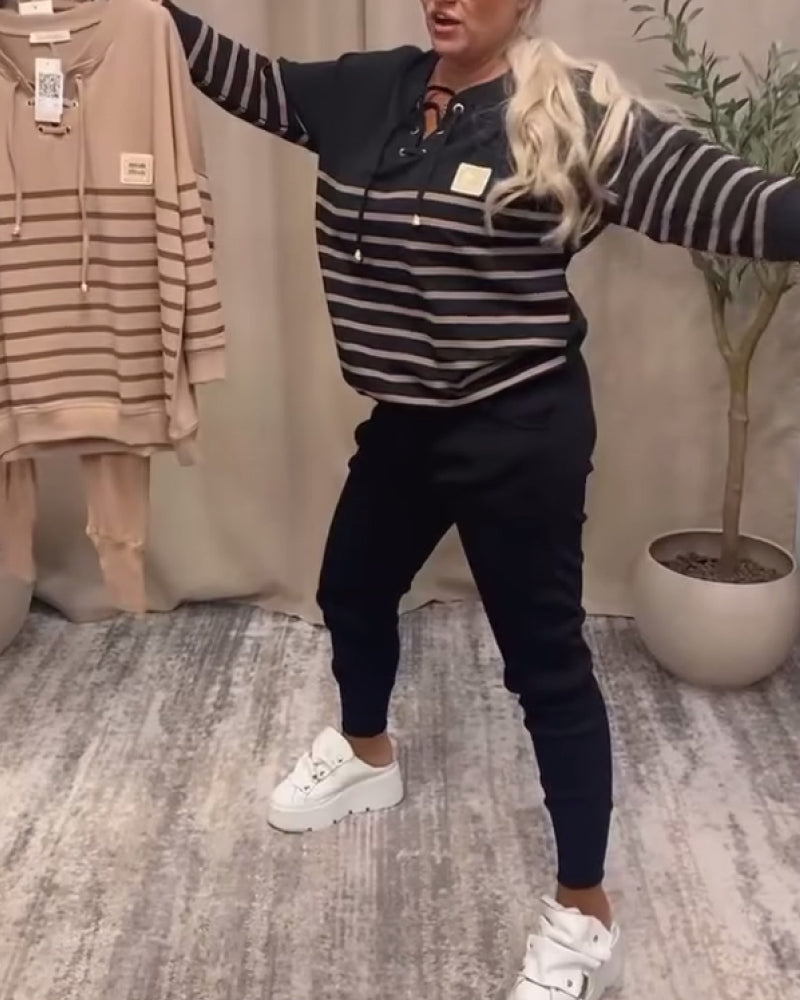 Ensemble Deux Pièces Décontracté Pantalon De Sport Rayé À La Cheville