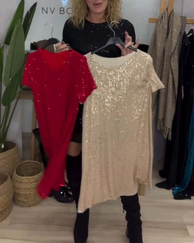 Robe élégante col rond à paillettes