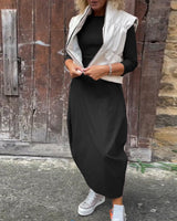 Robe élégante simple à manches longues avec poche de couleur unie