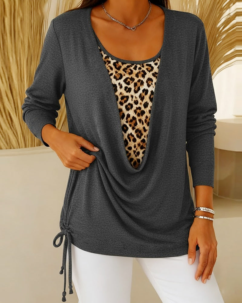 T-shirt faux deux pièces à lacets imprimé léopard