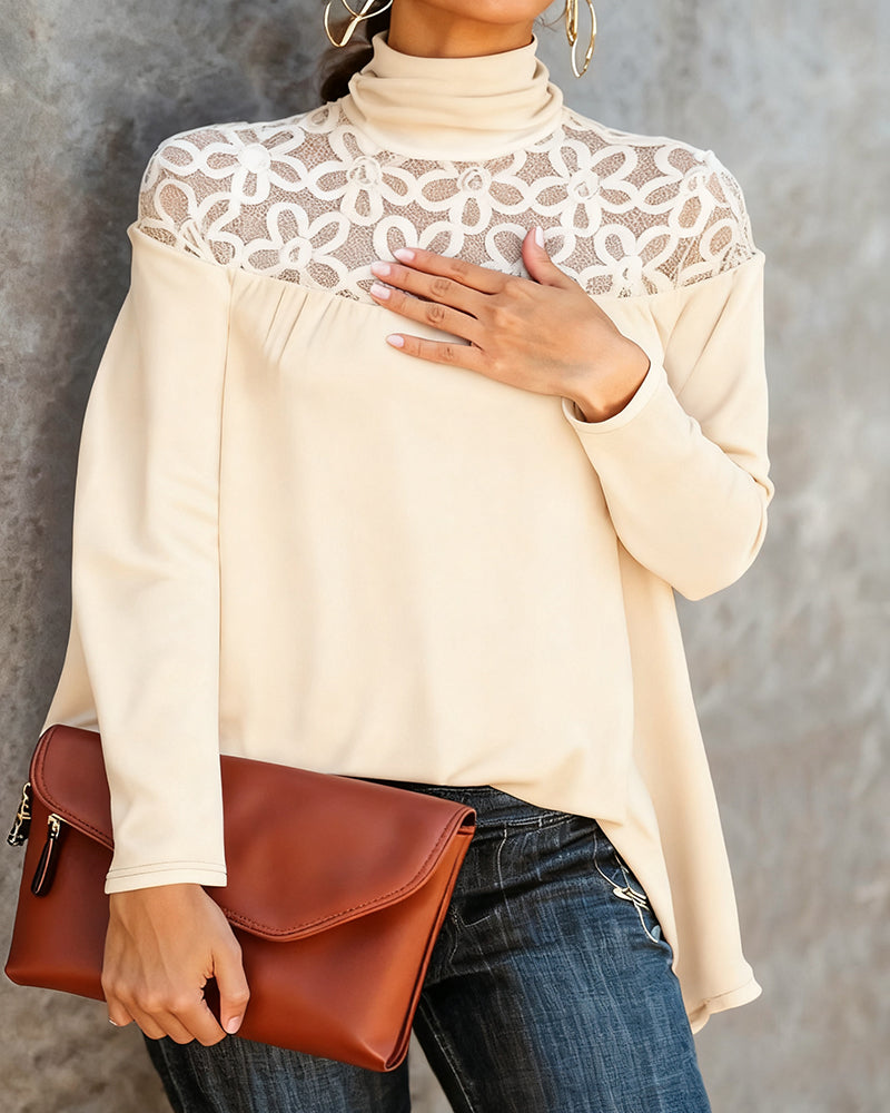 Haut Col Roulé Dentelle Sheer Tricot