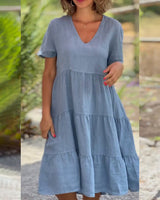 Robe en coton lin avec col en V de couleur unie