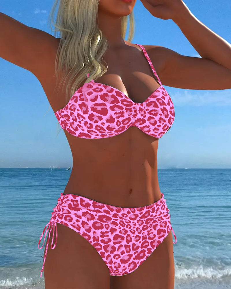 Maillot De Bain Lacé Imprimé Léopard Deux Pièces