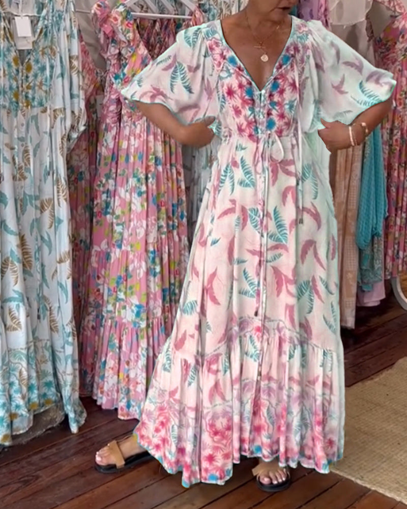 Robe longue femme col V imprimé feuilles
