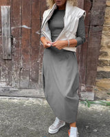 Robe élégante simple à manches longues avec poche de couleur unie