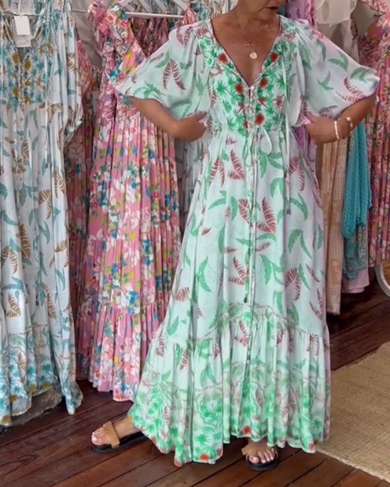 Robe longue femme col V imprimé feuilles