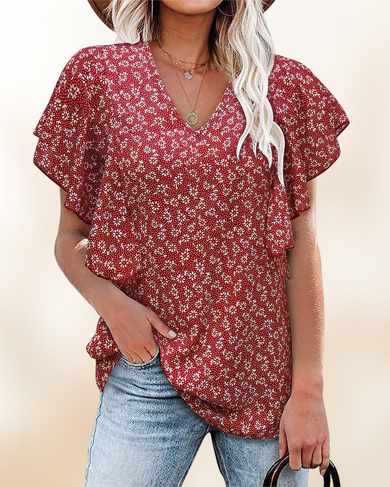 Chemise plissée à manches courtes et col V