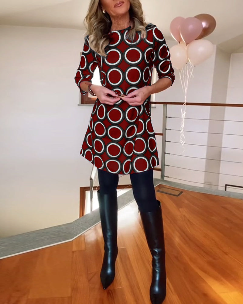 Robe décontractée à col rond et imprimé cercles