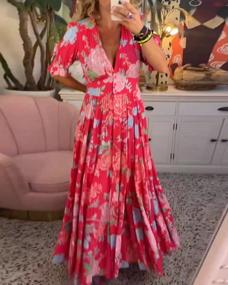 Robe à poche col V imprimé fleuri