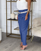 Pantalon patchwork irrégulier à poches de couleur unie à la mode