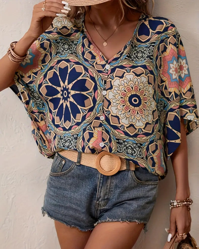 Blouse à demi-manches boutons avec col en V et imprimé rétro