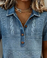 T-Shirt Col Rabattu Denim Imprimé
