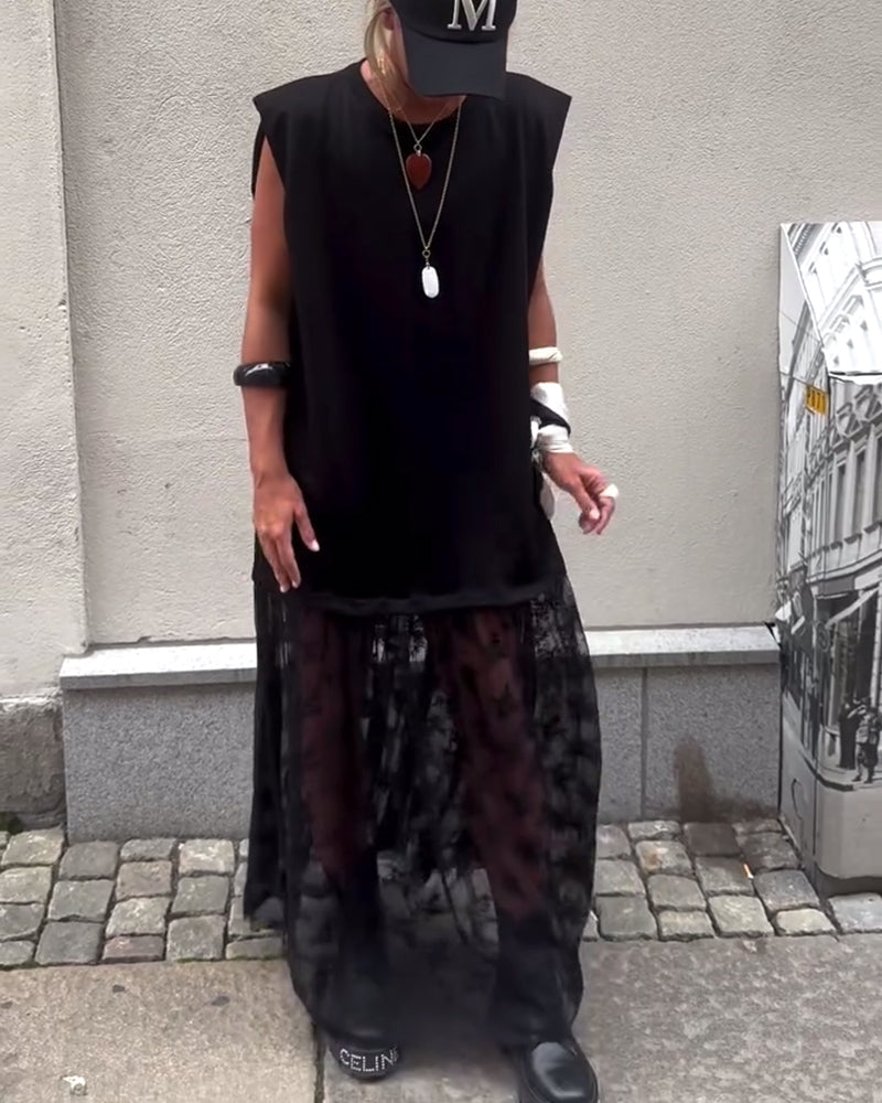Robe sans Manches en Mesh et Patchwork