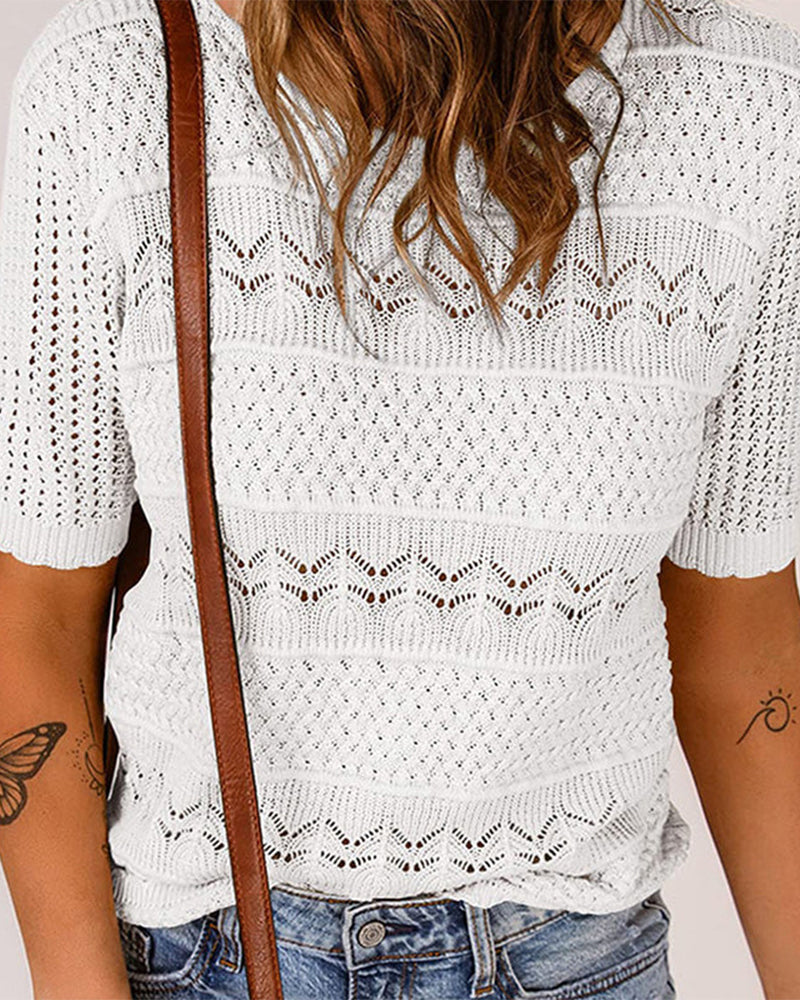 Pull À Manches Courtes En Maille Crochetée Ajourée Et Col Rond Pour Femmes