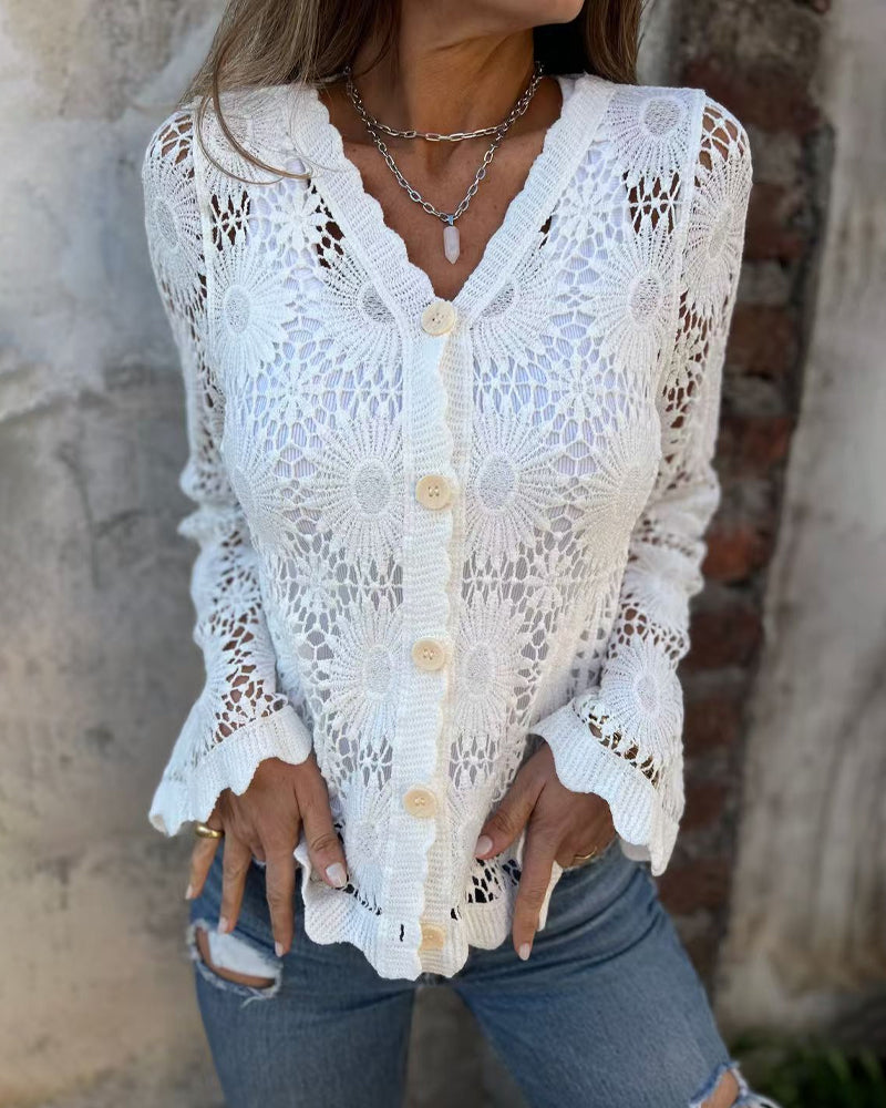Cardigan Dentelle Encolure En V Manches Longues