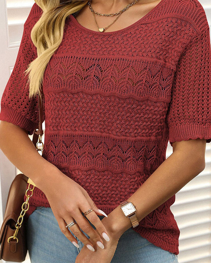 Pull À Manches Courtes En Maille Crochetée Ajourée Et Col Rond Pour Femmes