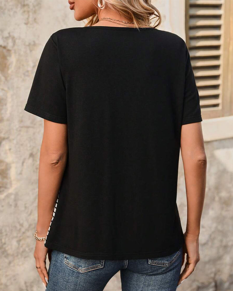 T-Shirt Casual Rayé Couleur Contrastée